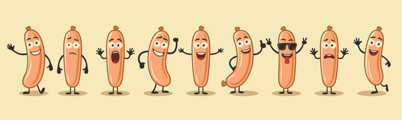 Cute and Funny Cartoon Sausage Characters in Different Poses and Emotions. Flat Cartoon Sausage Character Set. Vector Illustration