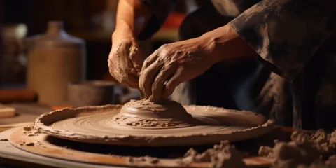 Foto op Plexiglas making ceramic dishes on a pottery wheel Generative AI © València