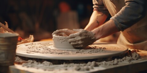 making ceramic dishes on a pottery wheel Generative AI - obrazy, fototapety, plakaty