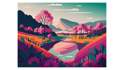 Summer landscape of blooming field vector illustration