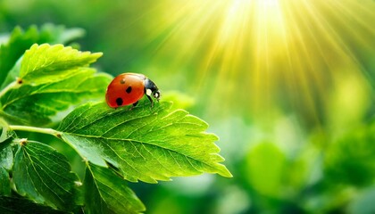 Wide format background image of fresh juicy green leaves and ladybug lit by rays of sun in nature with space for text. - obrazy, fototapety, plakaty