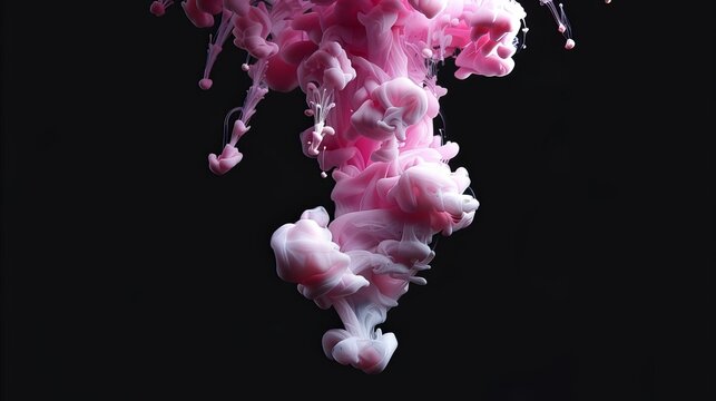 A pink liquid sprayed into black water. A pink smoke coming out from above on a pink background. Pink Ink swirling in black.