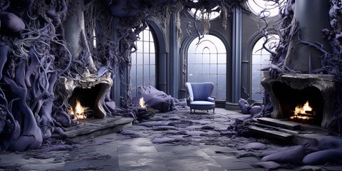 Surrealism painting of a creepy throne room with overgrown purple plants and two fireplaces.
