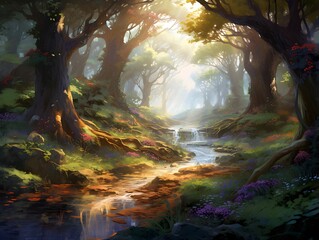 Beautiful fantasy landscape with a river and a forest in the background