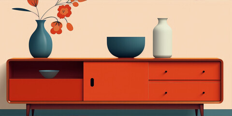 Digital art painting of a mid-century modern sideboard with a vase of flowers in a minimalist interior.