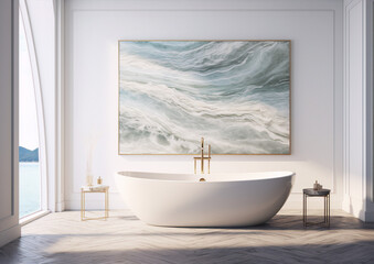 Bathroom interior in bright colors with large bathtub and abstract painting in golden frame