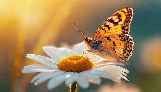 Beautiful butterfly on a daisy flower in nature outdoors close-up macro in spring or summer in warm yellow colors against the backdrop of sun at sunset. 