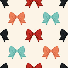Vector Seamless Pattern with Cartoon Red, Orange, Blue, Black Bow Tie, Gift Bow with Outline on White Background. Bow Seamless Print