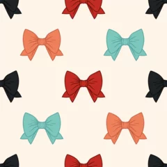 Deurstickers Vector Seamless Pattern with Cartoon Red, Orange, Blue, Black Bow Tie, Gift Bow with Outline on White Background. Bow Seamless Print © gomolach