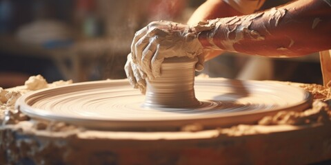 making ceramic dishes on a pottery wheel Generative AI - obrazy, fototapety, plakaty