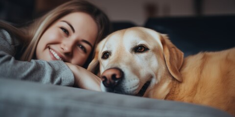 girl with her dog on the sofa Generative AI