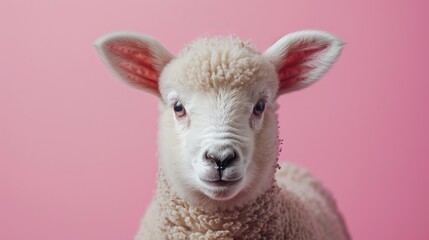 A cute lamb on a pastel pink background