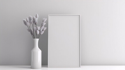 3D rendering, interior design, minimalist, white vase, bunny tails, frame mockup, wall art, clean, simple, neutral colors, home decor.