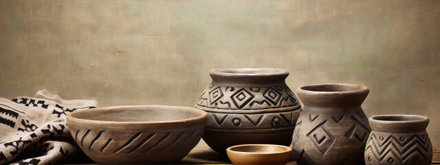 A variety of handmade clay pots with geometric patterns sit on a wooden table against a beige background.
