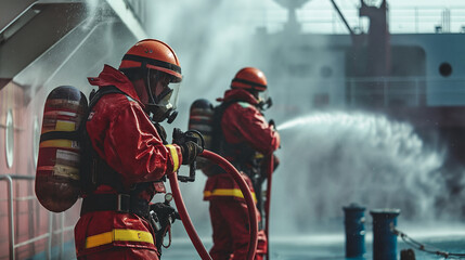 Seamen during fire emergency training drill, on board a merchant cargo ship, wearing fire fighting equipment and helmets. Rigged fire hose for jet spray, with emergency fire pump - obrazy, fototapety, plakaty