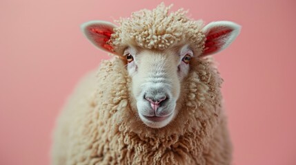 A sheep on a pastel pink background