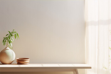 Minimalist interior design with a wooden table, a plant in a vase, and a bowl on a beige background with a curtain in the corner - obrazy, fototapety, plakaty