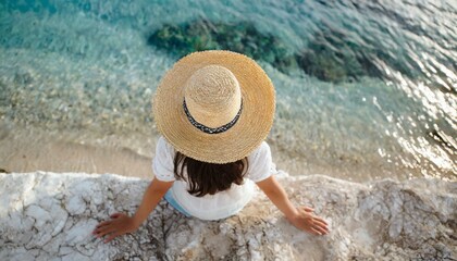 Woman in straw hat sitting on beach view from above. Summer vacation at Maldives 