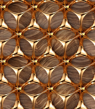 Perforated solid matt gold construction on wooden background