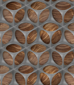 Perforated solid matt gold construction on wooden background