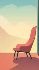 Flat style illustration of a pink armchair in a room with a large window and a mountain landscape outside