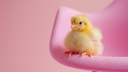 A little yellow chicken on a pastel pink background