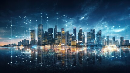 Big city skyscraper downtown panoramic view. Modern digital interface with line connection with cubes in the foreground.