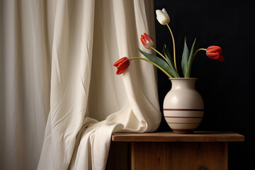 Classical still life with a earthen vase and tulips, white curtains in the background