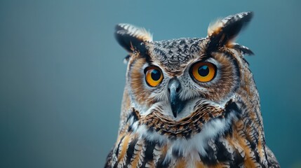 A owl on a pastel blue background