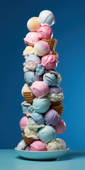 Variety of ice cream balls flavor. Stacked ice cream balls with cone on blue background