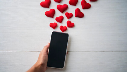 Phone tapping small heart beacon floating from screen symbolizing online dating culture, isolated on white background