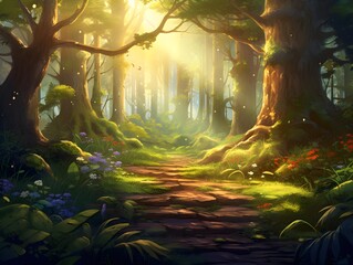 Digital painting of a path in a fantasy forest with sunbeams