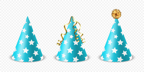 Fototapeta na wymiar Vector 3d Realistic Blue and White Birthday Party Hat Icon Set Isolated. Party Cap Design Template for Party Banner, Greeting Card. Holiday Hats, Cone Shape, Front View