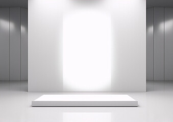 3D rendering of an empty fashion runway with spotlights and a white background.