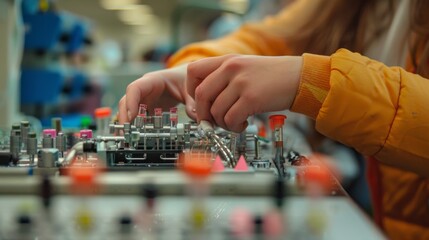 In the focused close-up, a student's hands deftly manipulate scientific apparatus, highlighting the meticulousness vital to STEM education.