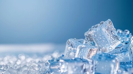 Chilled water droplets on ice cubes against blue backdrop in toned image, refreshing concept