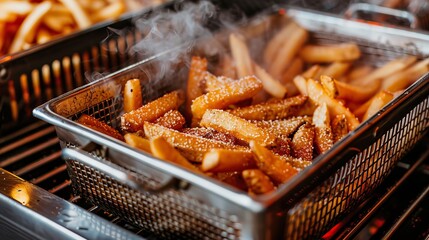 Close up of perfectly deep fried french fries for a deliciously crispy snack experience