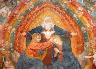Foto op Canvas MILAN, ITALY - MARCH 8, 2024: The central part of  fresco of Coronation of Virgin Mary in the apse of Basilica di San Simpliciano by  Ambrogio da Fossano detto il Bergognone (1453 – 1523). © Renáta Sedmáková