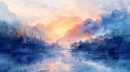 Close-up view of a dreamy watercolor landscape painting, providing serene and picturesque wallpaper.