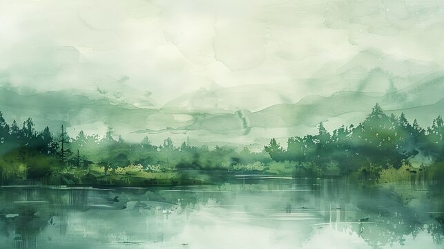 Close-up of dreamy watercolor landscape painting, offering serene and picturesque wallpaper.