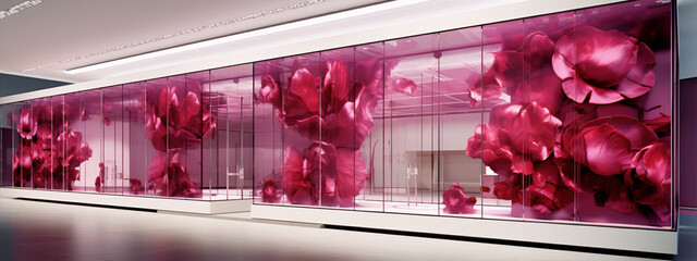 vibrant pink translucent flower petals cover the floor and walls of a minimal contemporary space
