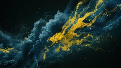 Deurstickers abstract background with dark blue and yellow particles, featuring dynamic swirls and bursts of color against a dark backdrop © cherif