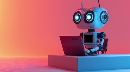 cute robot working on a laptop on a studio background with copy space