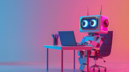 cute robot working on laptop - obrazy, fototapety, plakaty