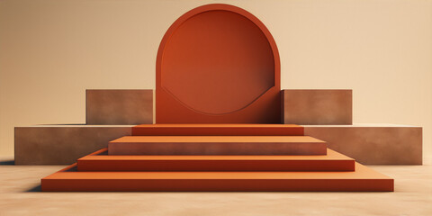 3D rendering of a podium with steps in the center and a round backdrop in an orange and beige color palette
