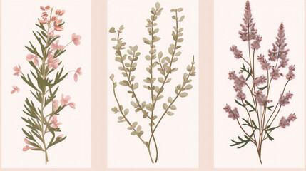 Three illustrations of pink and green plants in a flat design style on a beige background.
