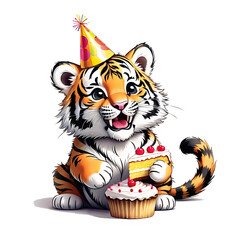 A tiger cub with a cake