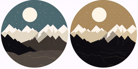 Two round vector illustrations of a mountain landscape with a full moon in a starry night sky in a flat geometric style with a retro vintage color palette.