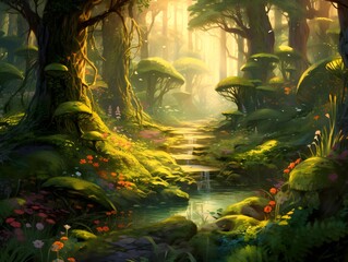 Fantasy landscape with a river flowing through the forest. Digital painting.
