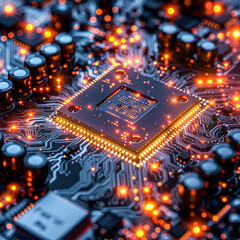 A close up of a computer chip with a red glow. The chip is a microprocessor and is surrounded by other electronic components.